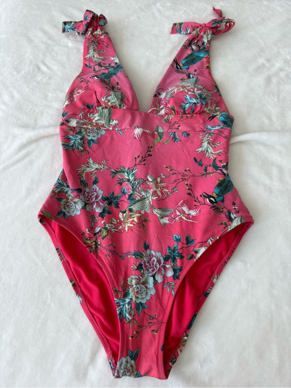 Johnny Was floral tie strap one-piece swimsuit featuring red Print Sz S E88